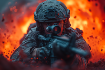 Στρατιώτης σε πολεμική επιχείρηση σημαδεύει με το όπλο του