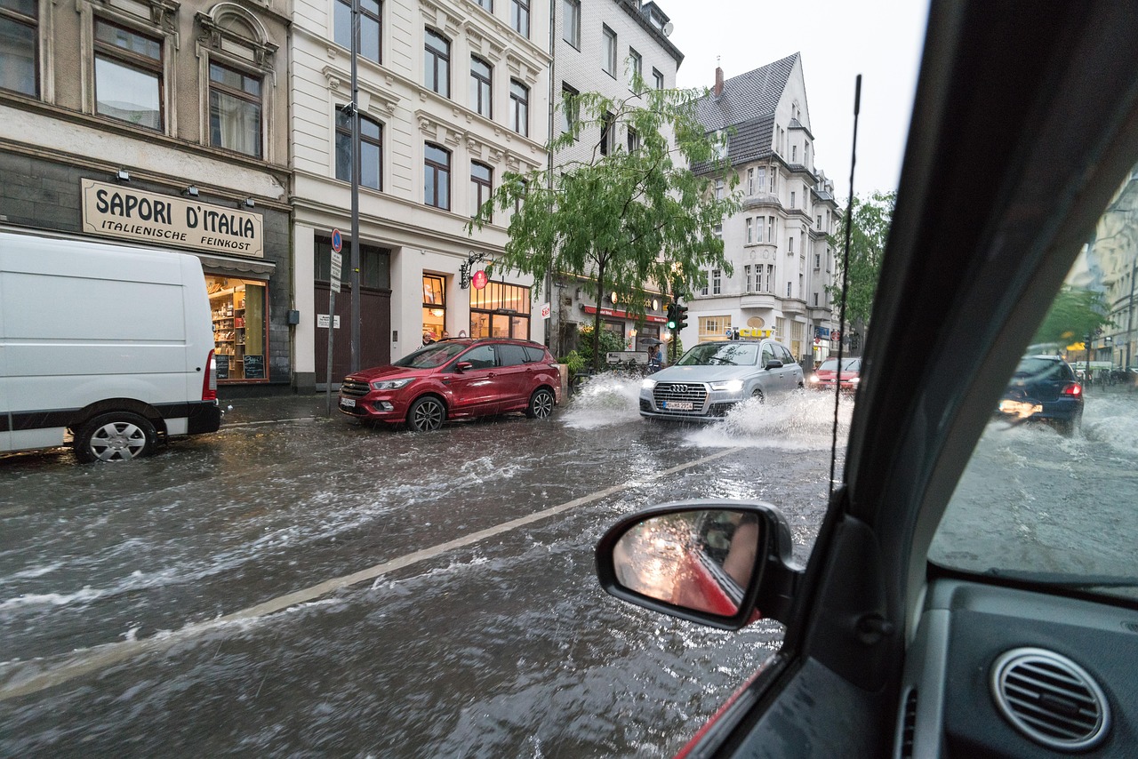 Flooded road in Nuremberg after severe thunderstorms in Bavaria