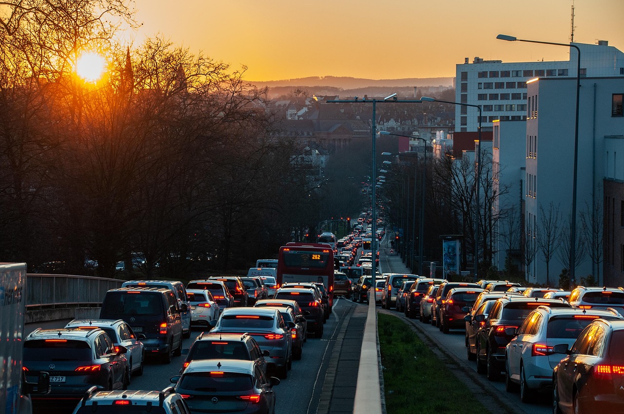 Long lines of cars on Bavarian autobahn near Munich during holiday return traffic