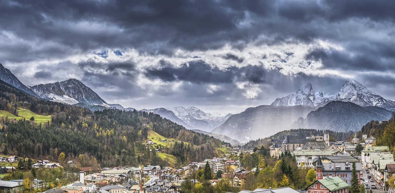 Bavarian alpine village covered in snow during early winter season