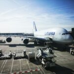 Lufthansa airplane Airbus A380 in Frankfurt's airport