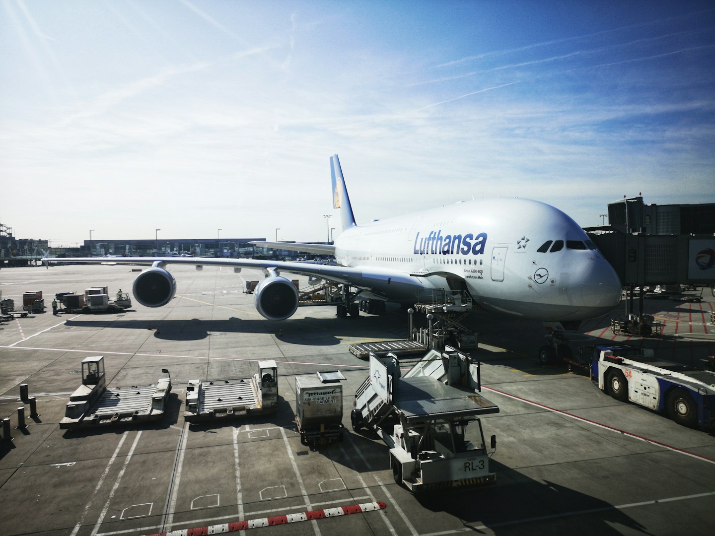 Lufthansa airplane Airbus A380 in Frankfurt's airport