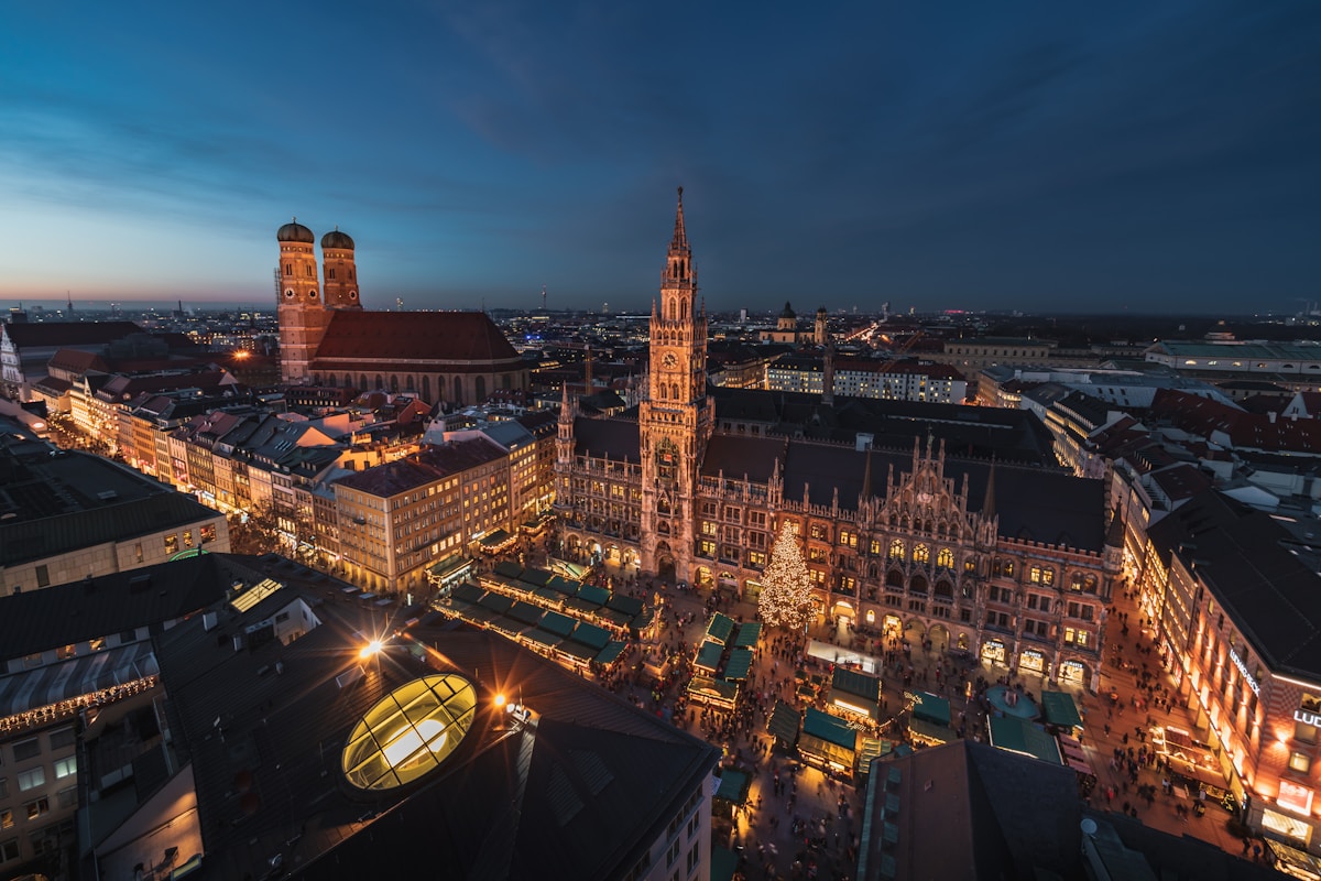 Munich Marienplatz Christmas market 2025 with glowing lights and festive stalls
