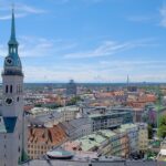 Residential apartment blocks in Munich with city skyline view