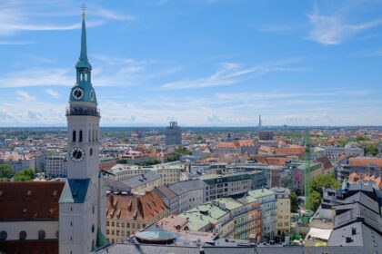 Residential apartment blocks in Munich with city skyline view