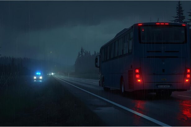 Police vehicles next to a parked tour bus on the A93 motorway in Bavaria at night