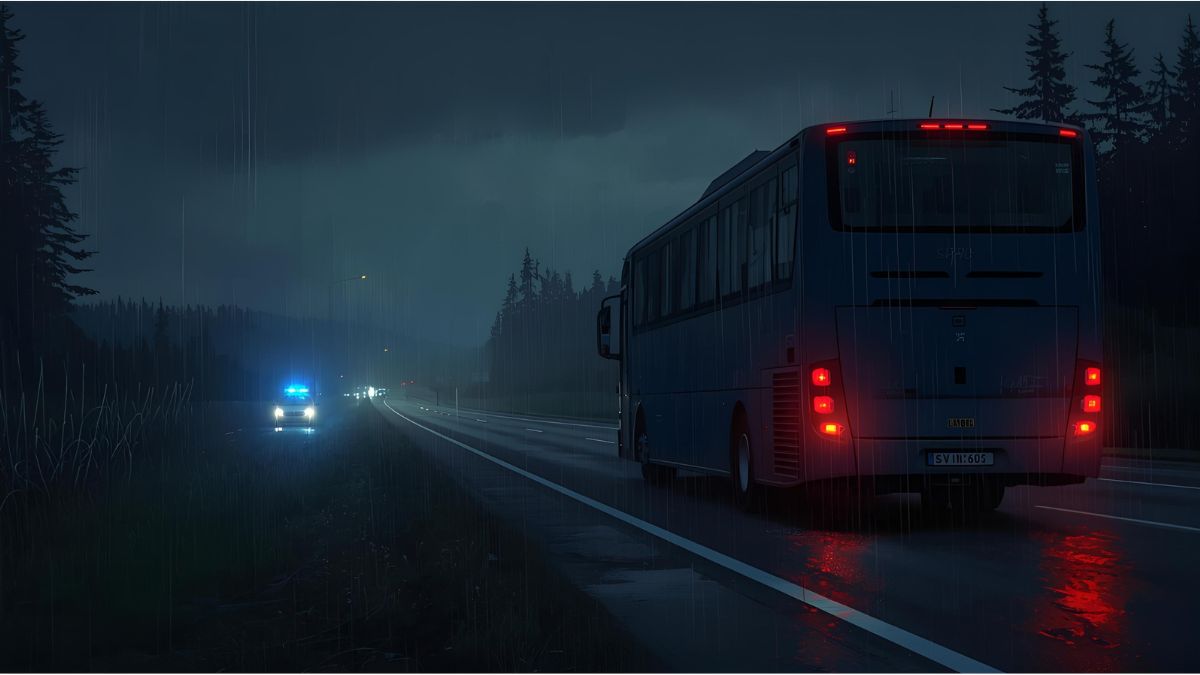 Police vehicles next to a parked tour bus on the A93 motorway in Bavaria at night