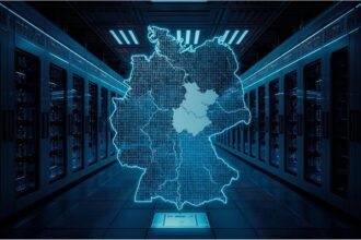 Illustration of AI analyzing a map of Germany with visible East–West division
