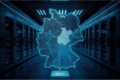 Illustration of AI analyzing a map of Germany with visible East–West division