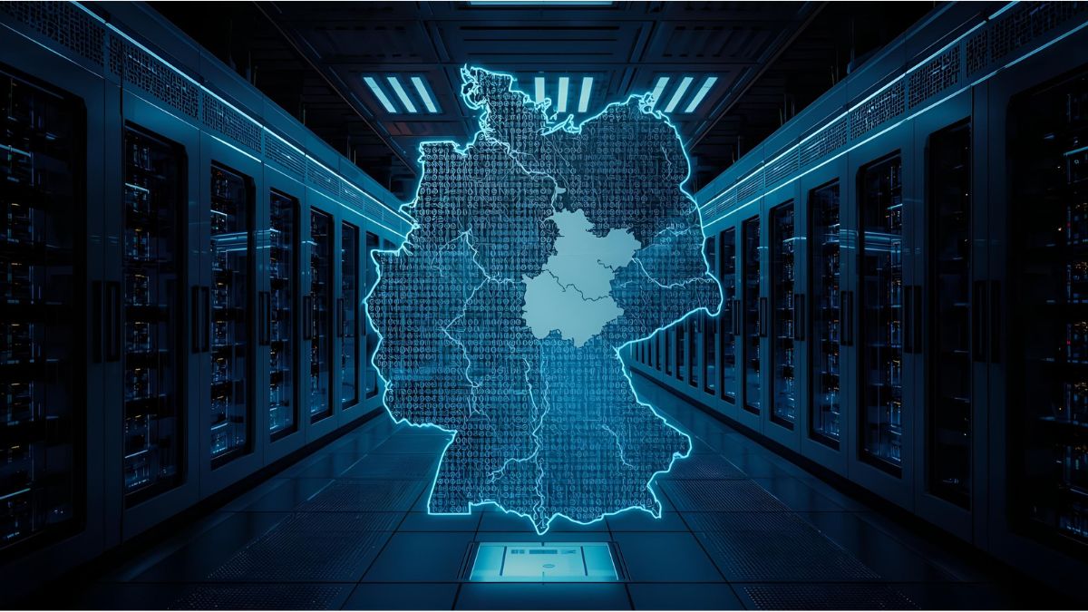 Illustration of AI analyzing a map of Germany with visible East–West division