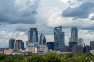 Modern office buildings in Germany under cloudy sky symbolizing economic slowdown