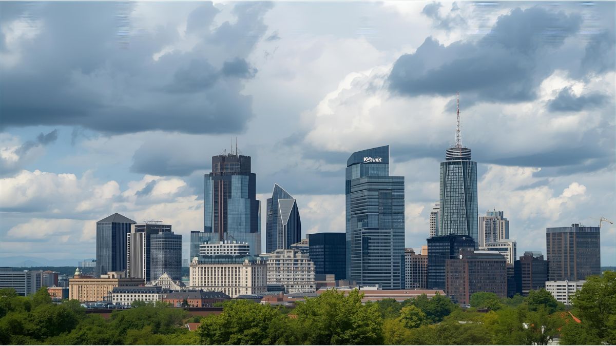 Modern office buildings in Germany under cloudy sky symbolizing economic slowdown