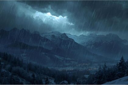 Storm clouds and first snow over the mountains in southern Germany