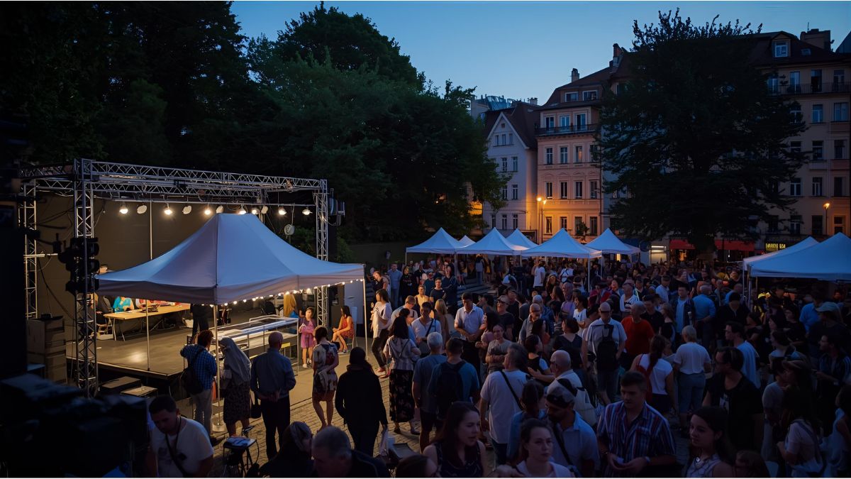 Visitors enjoying the Berg am Laim Neighbourhood Week festival in Munich.