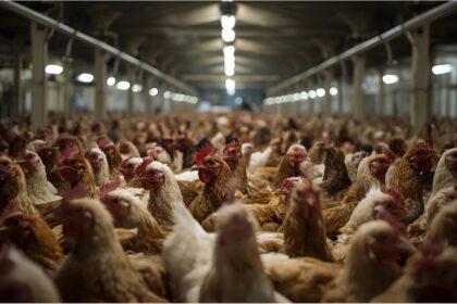 Chickens kept indoors at a poultry farm in Germany due to bird flu restrictions