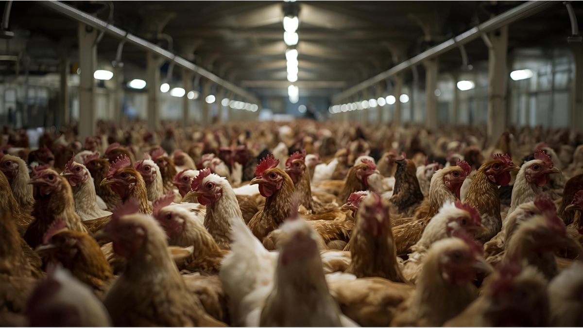 Chickens kept indoors at a poultry farm in Germany due to bird flu restrictions