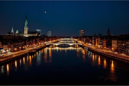 Aerial view of Bremen city at night with bright streets and the river Weser