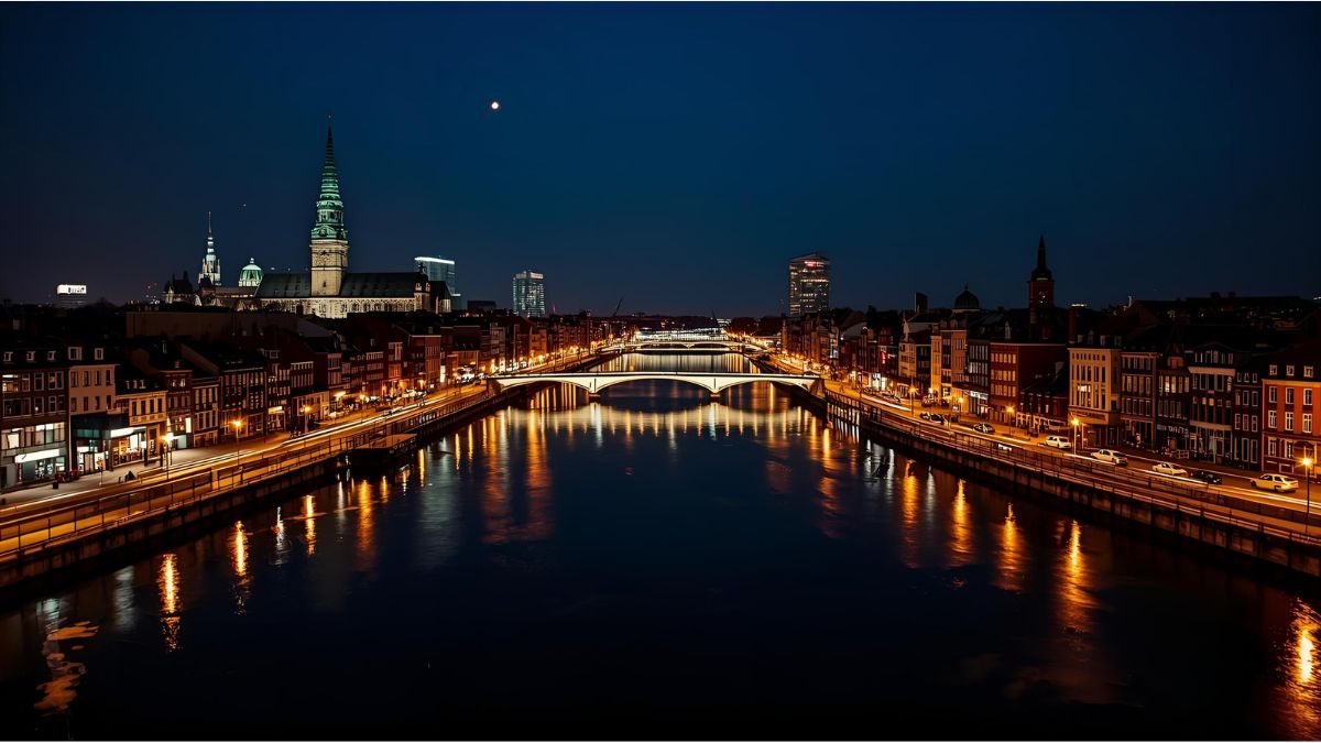 Aerial view of Bremen city at night with bright streets and the river Weser