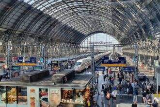 Morning rush hour with commuters at Frankfurt Central Station