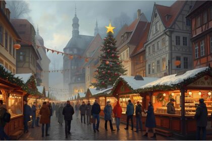 German Christmas market opening in November with lights and decorations