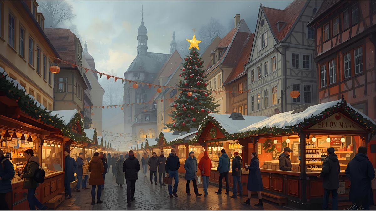 German Christmas market opening in November with lights and decorations