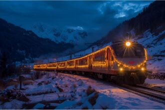 Christmas-decorated night train crossing snowy Alpine landscape between Italy and Germany