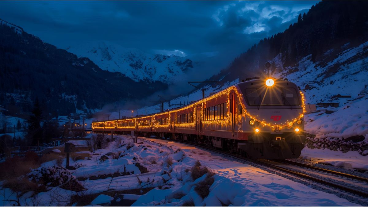 Christmas-decorated night train crossing snowy Alpine landscape between Italy and Germany