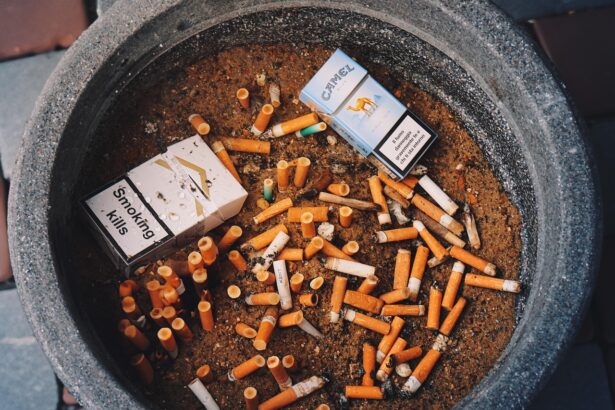 Discarded cigarette filters on the street representing environmental pollution