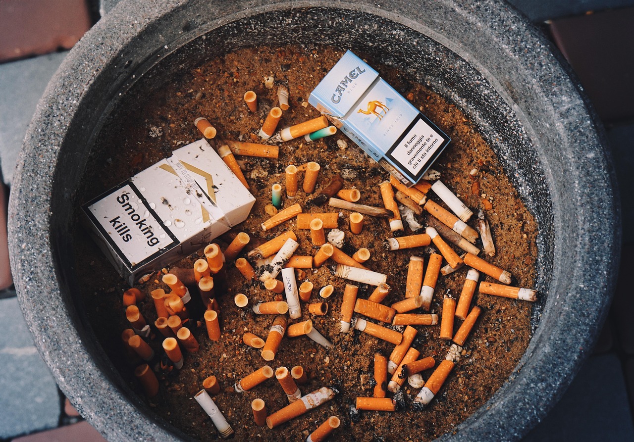 Discarded cigarette filters on the street representing environmental pollution
