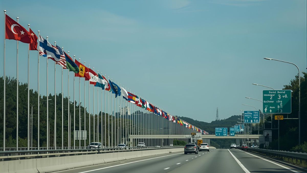 Highway with EU flags symbolizing new cross-border traffic rules
