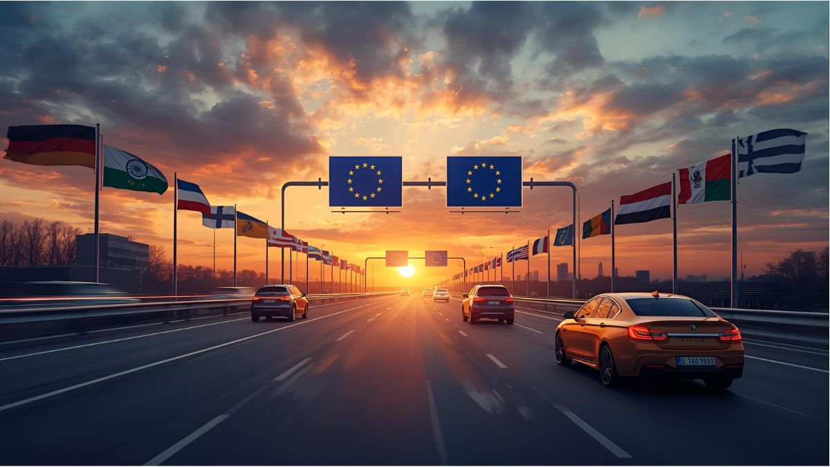 European highway with EU flags symbolizing new cross-border driving laws