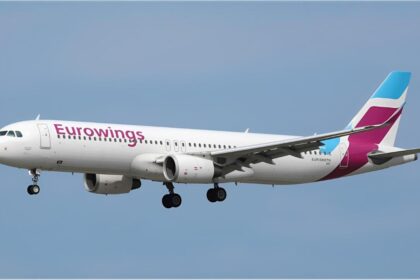 Eurowings airplane taxiing at Nuremberg Airport before takeoff