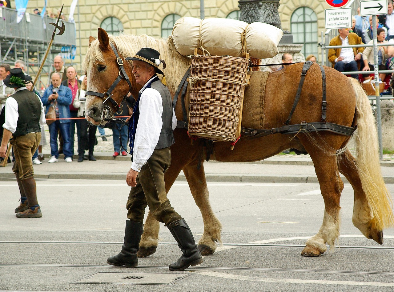 Horses and carriages parade through Feldmoching village during the traditional Rosstag festival in Munich