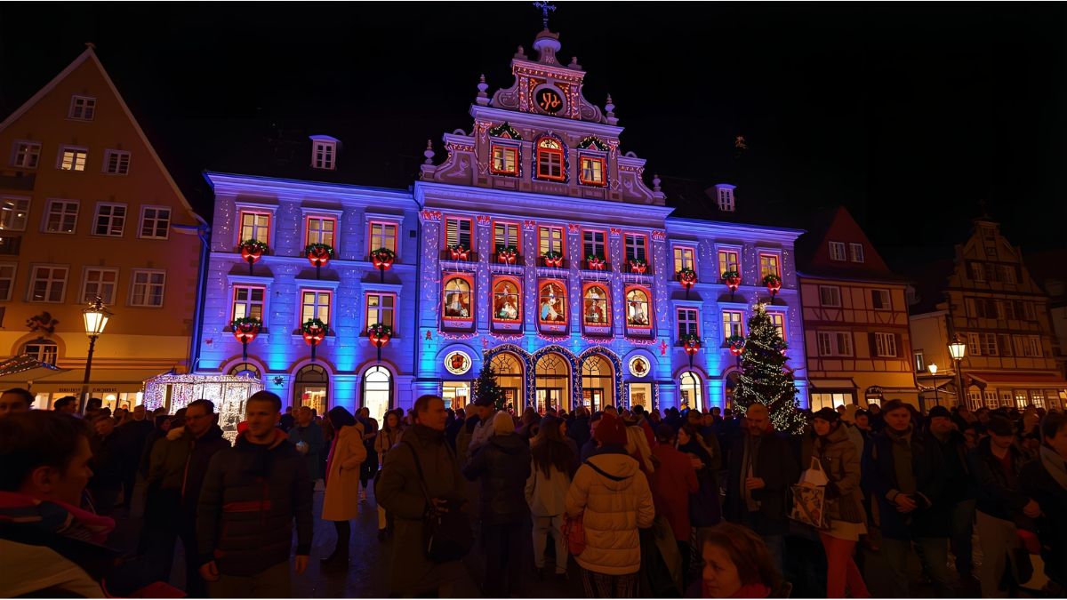 Illuminated town hall in Gengenbach with Advent calendar windows during Christmas season