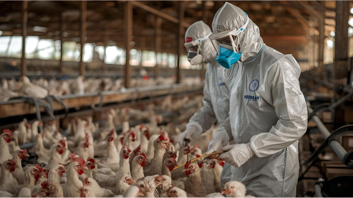 Workers in biohazard suits disinfecting poultry area in Germany amid avian flu outbreak