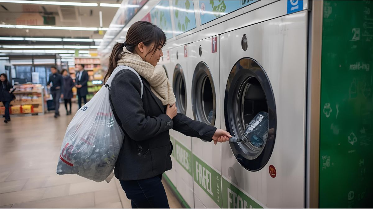 Man with bag of empty bottles at recycling machine in German supermarket