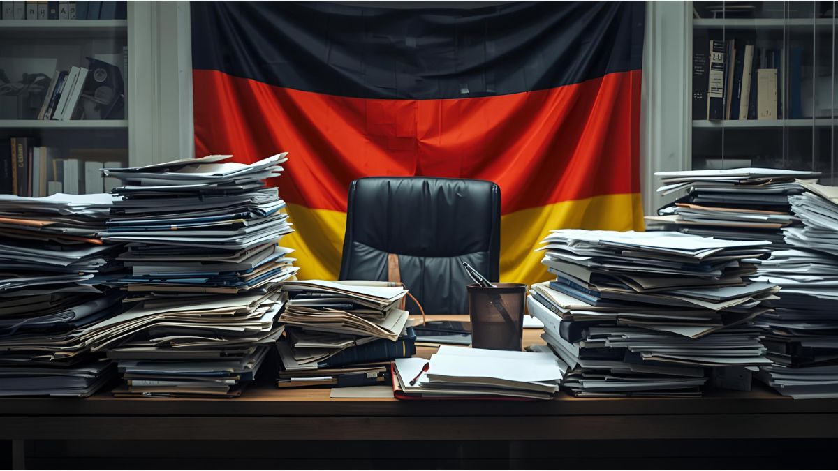 Office desk filled with paperwork symbolizing Germany’s growing bureaucracy