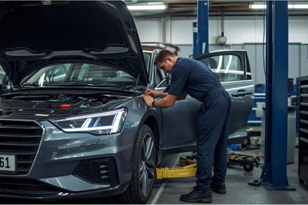 Mechanic working on car in German repair shop as insurance costs rise