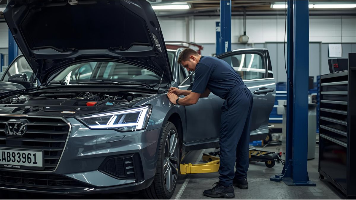 Mechanic working on car in German repair shop as insurance costs rise