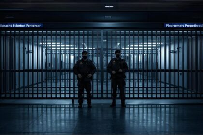 German border police at airport during deportation operation