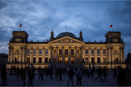 German and EU flags waving in front of the parliament building