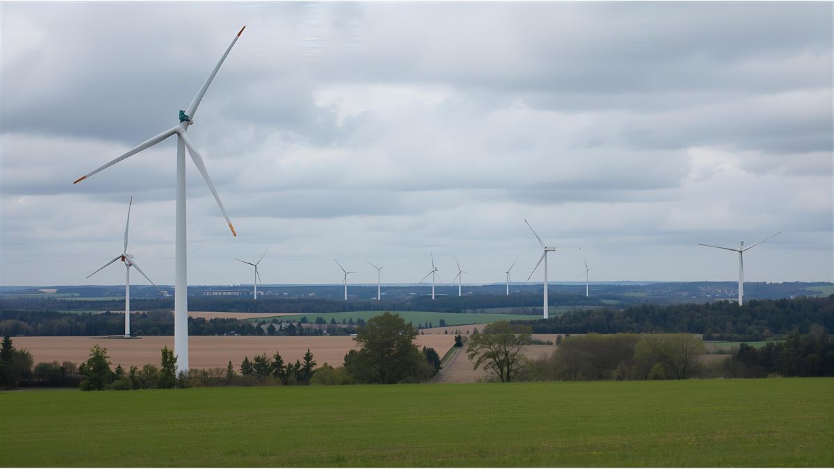 Wind turbines in calm weather under grey October sky in Germany