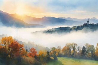 Foggy valley in Germany while mountains above enjoy clear skies during autumn inversion