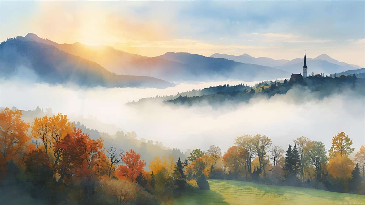 Foggy valley in Germany while mountains above enjoy clear skies during autumn inversion