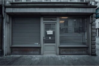 Storefront with insolvency sign as business closures rise in Germany