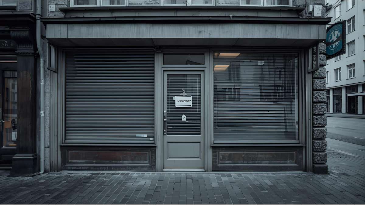 Storefront with insolvency sign as business closures rise in Germany