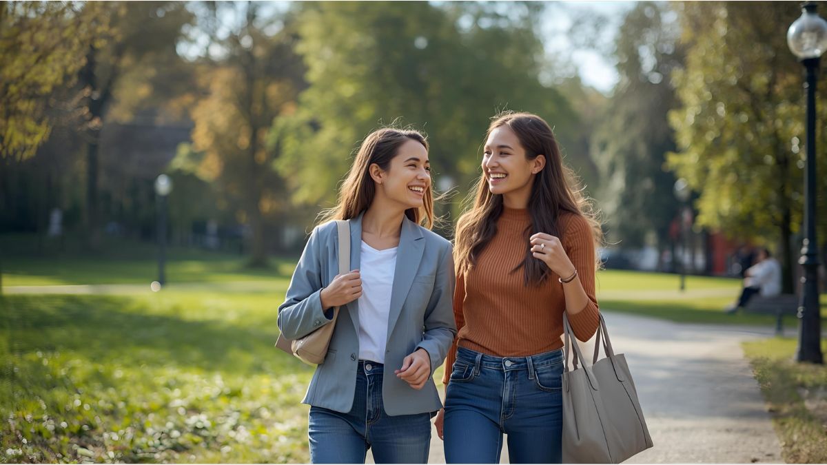 Happy people walking in a city park in Germany reflecting high life satisfaction