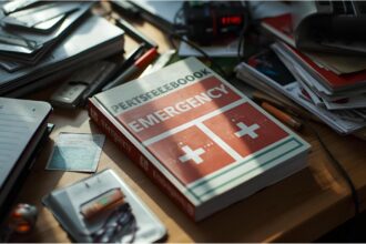 German emergency preparedness guide and flashlight on desk
