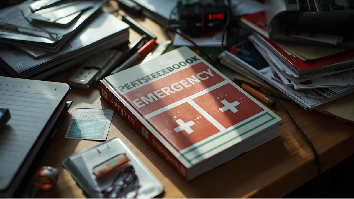 German emergency preparedness guide and flashlight on desk