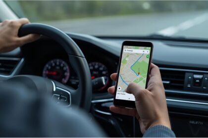 Car dashboard with Google Maps open showing a navigation route